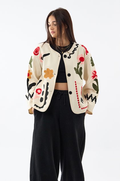 Rose Embroidered Buttoned Ecru Women's Jacket Coc3634