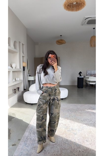 Green Camouflage Patterned Denim Cargo Pants