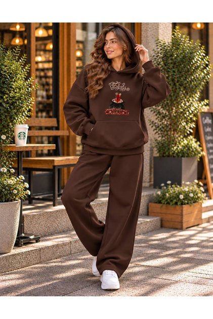 Women's Bitter Coffee Cat and Tea Printed Hooded Sweatshirt Set - Sweatshirt with Kangaroo Pockets and Straight-Leg Bottoms