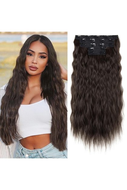 Set de 5 extensii de păr, 60 cm, cu clipsuri, ondulate, volum mari, aplicare rapidă, fibră sintetică