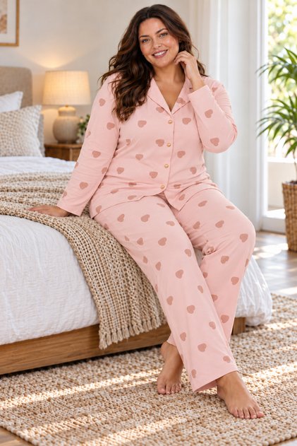Milan Fabric Front Buttoned Long Sleeve Large Size Women's Pajama Set 3497