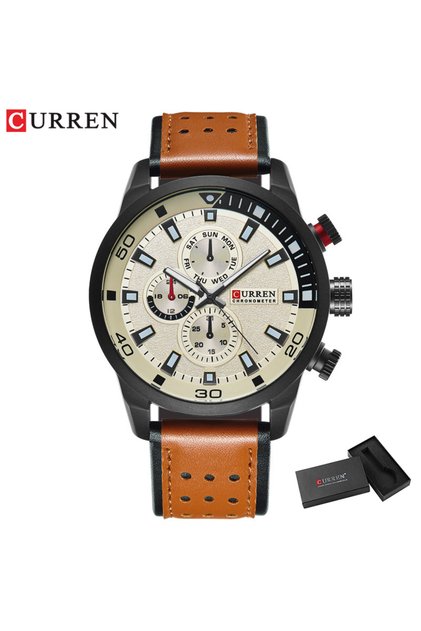 black yellow box 8250 Men's Waterproof Casual Three-Hand Watch Business Leather Breath