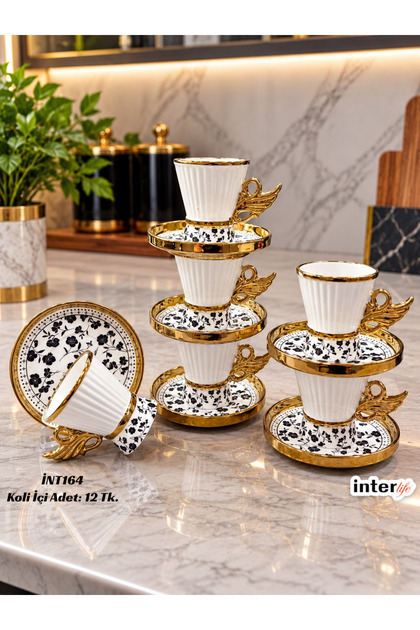 Çiçek Desenli Kahve Fincanı Takımı 6'lı Gold Kulplu Ayaklı Çeyizlik Set Lüks Hediyelik