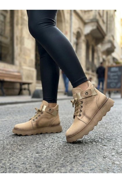 Beige Nubuck Leather Lace-Up Women's Casual Boots