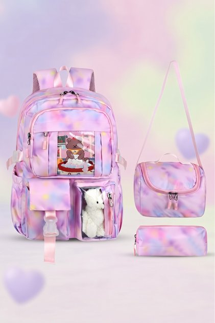 Kawaii Korean Style Pink Twil Fabric Patterned Backpack, Lunch Bag, and Pen Holder Triple Set