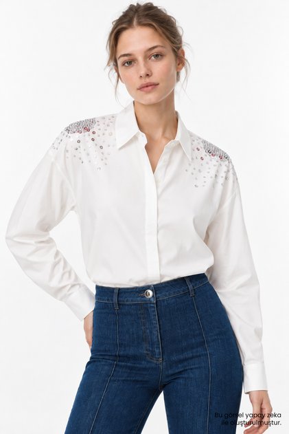 Classic Collar Stone Embellished Buttoned Regular Shirt