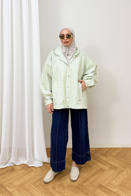 Plaid Snap Fastener Raincoat 3-4590