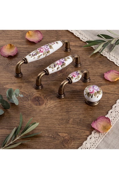 Hand Painted Lilac Pink Rose Porcelain Handle Antique Tumbled Yellow Furniture Kitchen Cabinet Drawer Handle (128-96-64mm and Knob)