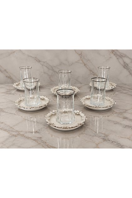 Zoe Real Silver & Flower Casting Frame Porcelain Tea Set 12 Pieces - 6 Plates 6 Cups