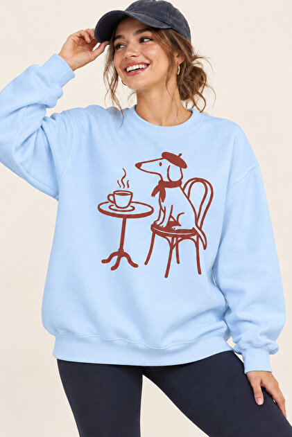 Coffee and Beret Cute Dog Printed Unisex Oversize Sweatshirt – Crew Neck Casual Sweatshirt