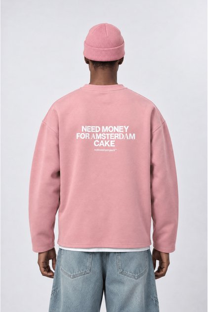 Men's Cake Printed Oversize Sweatshirt with Dirty Stitch Detail in Pink