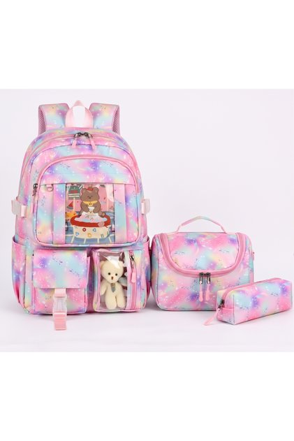 Korean Style Teddy Bear and Sweet Patterned Accessories Girls' Primary School Bag Thermal Lunch Bag and Pencil Case 3-Piece Set