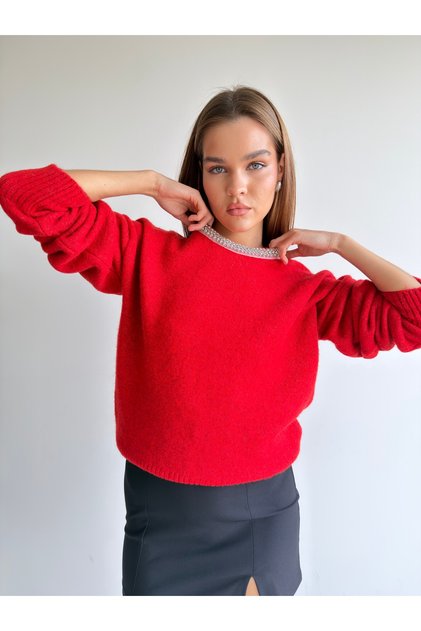 Stone Embroidered Collar Shawl Collar Soft Sweater