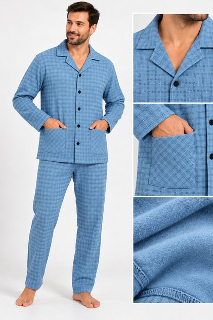 Men's Shirt Collar 2 Thread Comfortable Fit Front Pocket Front Buttoned Inner Ribbed Plus Size Winter Pajama Set 90% Cotton % Viscose