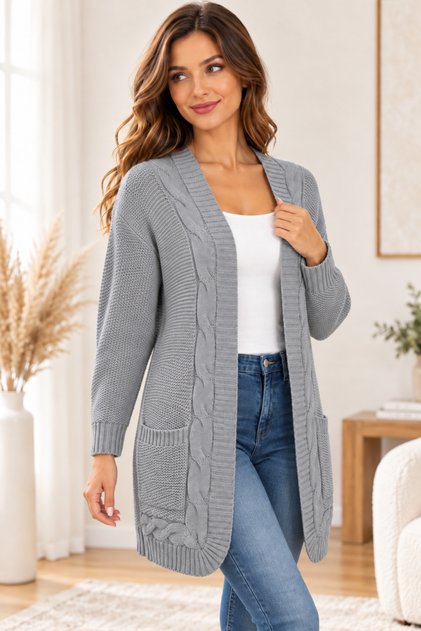 Women's No-Closure Long Sleeve Front Back V-Neck Double Pockets Woven Detail Hair Braided Soft Textured Stylish Casual Gray Knitwear Cardigan