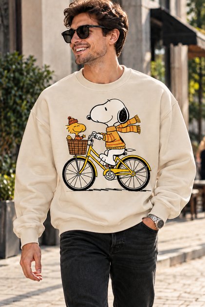 Snoopy and Woodstock on Bicycle Printed Unisex Oversize Sweatshirt – Crew Neck Casual Sweatshirt
