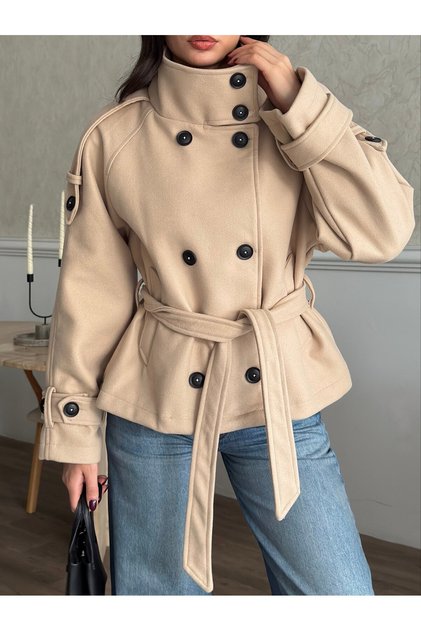 High Collar Buttoned Belted Cashmere Jacket