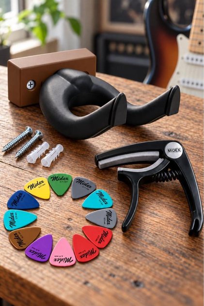 Gds-666Brw Brown Guitar Wall Hanger Black Capo (Capo) and 12-Plectrum Set