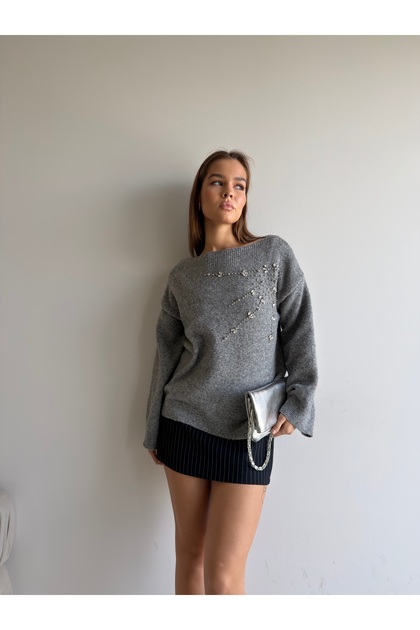 Stone Embroidered Boat Neck Soft Sweater