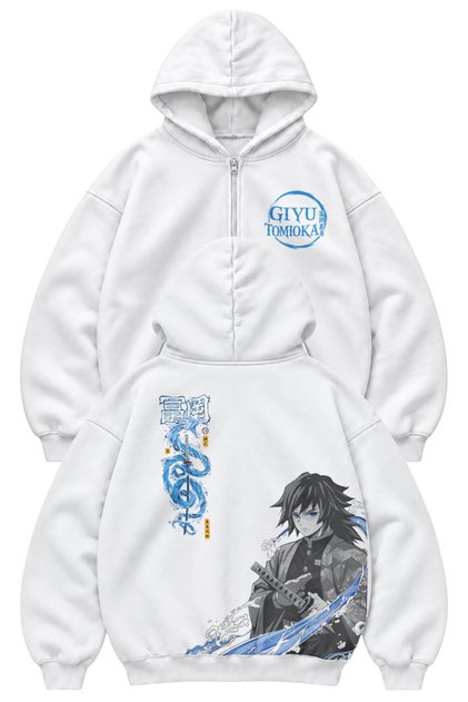 Unisex Oversize Demon Slayer Giyu Tomioka Back Printed Hooded Zipper Anime Themed Zip Hoodie