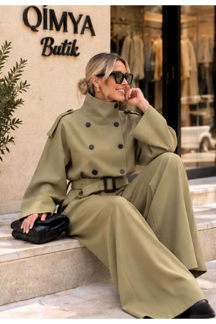 Mi̇ss Neşem Women's Stand Collar Short Trench Coat and Long Loose Pants Two-Piece Set