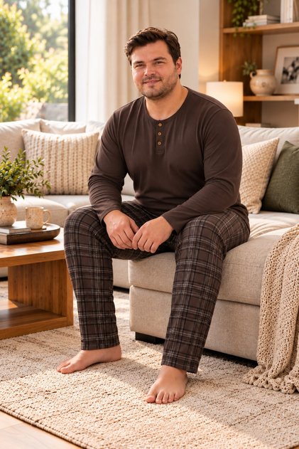 Interlock Fabric Collar Buttoned Long Sleeve Plus Size Men's Pajama Set 8589