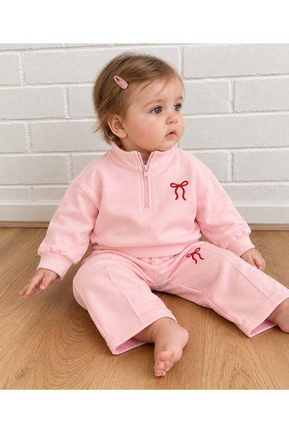 Baby Girl Zippered Sweatshirt and Pants Set with Ribbon Embroidery 2 Threads