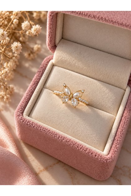 Gold Color Pearl Detailed Stone Butterfly Figured Women's Ring