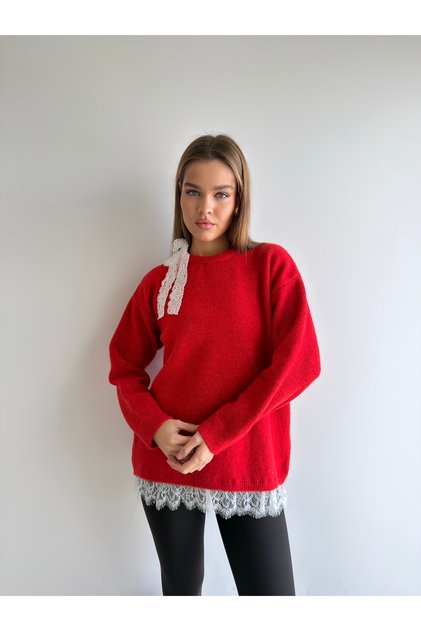 Soft Sweater with Ribbons Tied at the Shoulder and a Lace-Trimmed Skirt