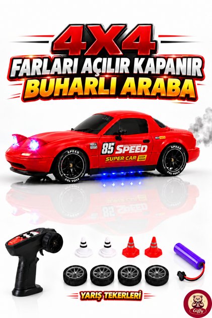 Oyuncak 2.4 GhZ Uzaktan Kumandalı 4x4 Drift RC Araba Açılır Kapanır Pop-Up Farlı Buhar Efektli Şarjlı LED Işıklı Hız Ayarlı Gaz Hassasiyetli Yarış Arabası