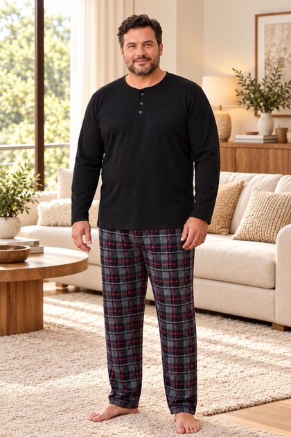 Interlock Fabric Collar Buttoned Long Sleeve Plus Size Men's Pajama Set 8589