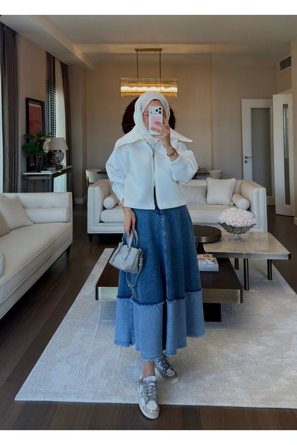 Patchwork Denim Etek Mavi