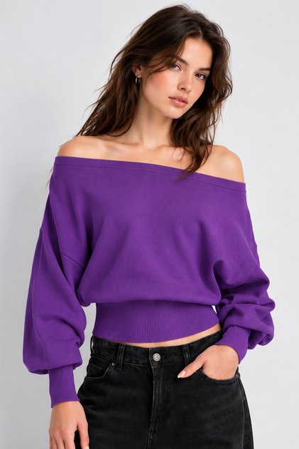 Purple Asymmetrical Collar Ribbed Detailed Knitwear Sweater