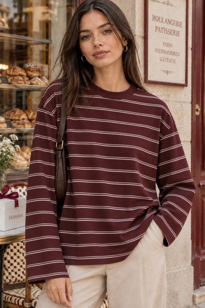 Women's Burgundy Striped Oversize Crew Neck Long Sleeve T-Shirt