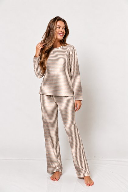 Women's Long Sleeve Patterned Report Fabric Soft Pajama Set – Relaxed Fit Crew Neck Bottom Top Set