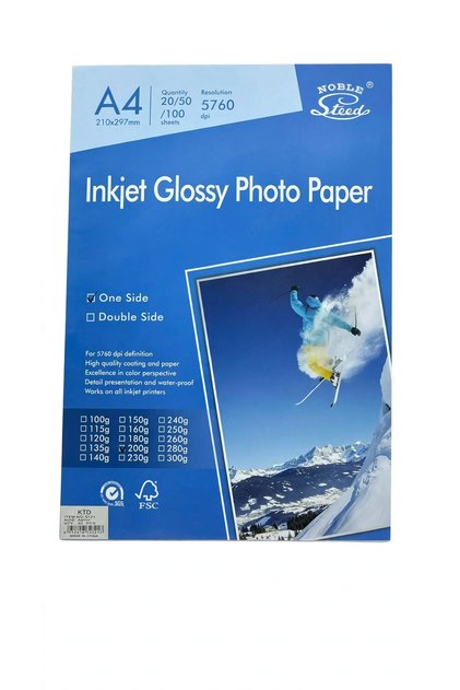 ورق صور لماع مقوى A4 وزن 200g - وجه واحد - 50 ورقة - دقة 5760dpi - ضد الماء وألوان ممتازة - يشتغل على طابعات الانكجت