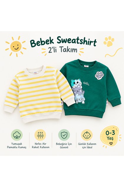 BEBEK GİYİM ERKEK ÇİZGİLİ VE KEDİ BASKILI TŞÖRT