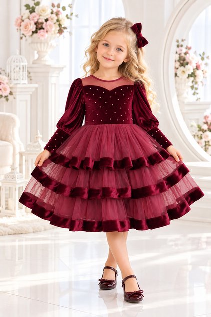 Girls' Velvet and Tulle Dress, Ideal for Special Occasions.