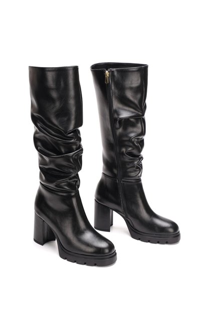 Women's Black Bellows-Style Thick-Heeled Boots with Thick Serrated Soles, Comfortable and Stylish