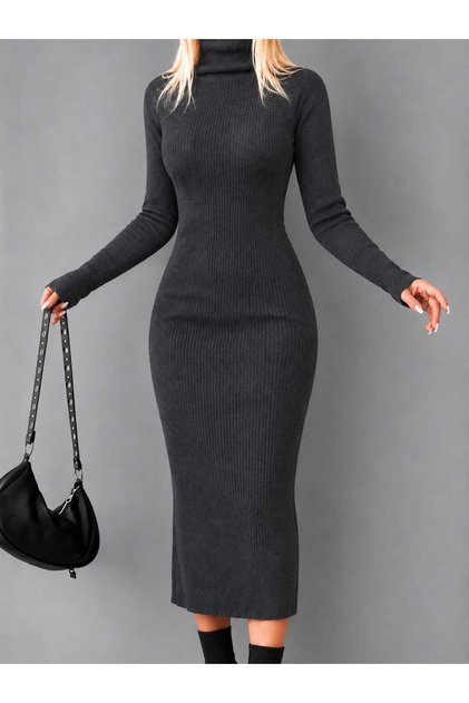 Women's Turtleneck Midi Length Ribbed Knit Pencil Dress