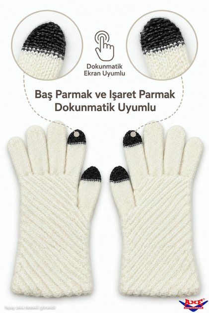 Women's Winter Ecru Soft Textured Knitwear Knitted Gloves, Touch Screen Compatible, Cold-Protecting, Warm Gloves for Phone and Tablet Use