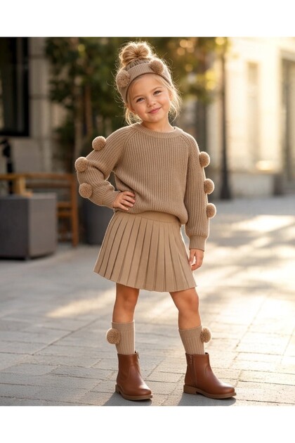 Pompom Sweater and Skirt Girls' Set - 4 Pieces