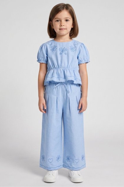 Kids Girl 2 Pcs Embroidered Top And Pant Set, Light Blue