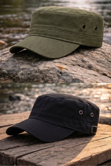 Advantageous 2-Pack (Black and Khaki Colors) Adjustable, Foldable, and Easy to Carry Military Model Castro Hunter/Camper Hat for Daily and Outdoor Use