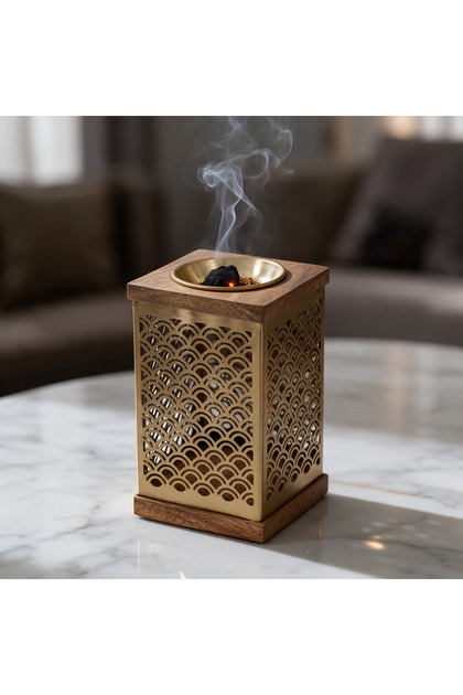 مبخرة هندى معدن ذهبى مع خشب
