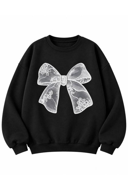 Patterned Ribbon Printed Crew Neck / Hooded Oversized Sweatshirt