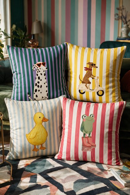 Cute Animals Patterned Set of 4 Cushion Covers 43X43 cm Double-Sided Printed Suede Cushion Covers