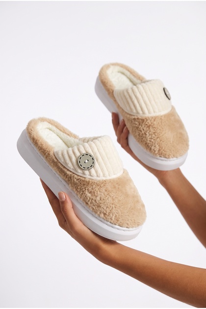 Women's House Slippers Plush Furry Button Detailed Padded Sole Silent Soft Winter Slippers