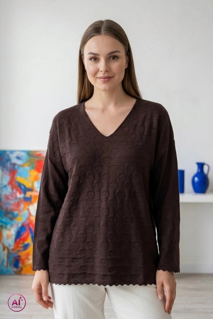 Women's Coffee Color V-Neck Plus Size Cashmere Thread Thin Knitwear Blouse