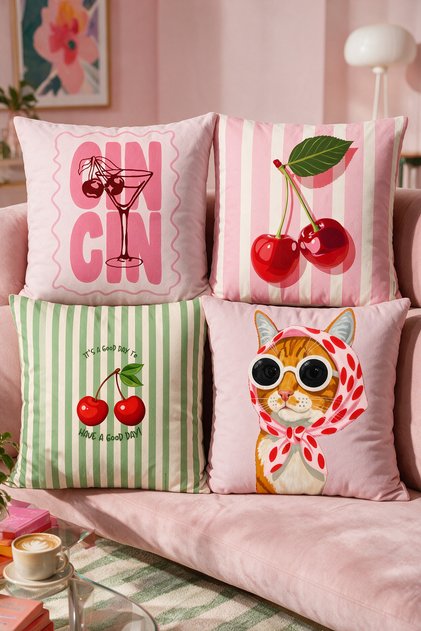 Set of 4 Pillow Covers with Cherry and Cute Cat Pattern 43X43 cm Double-Sided Suede Pillowcases